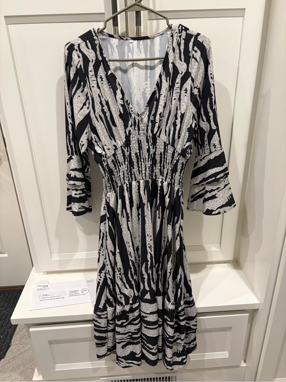 Black & White V-Neck Smocked Waist Women's Dress